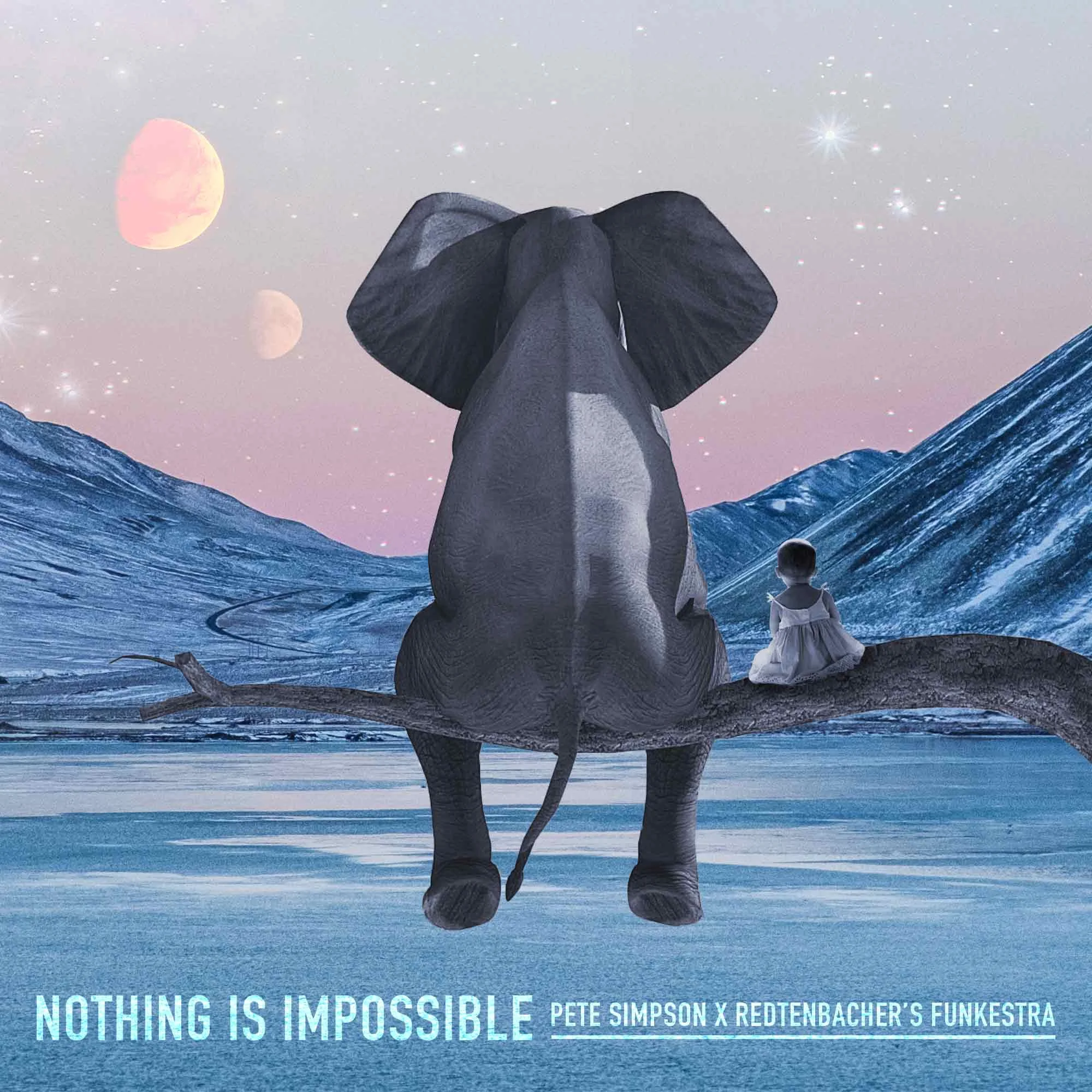 Nothing is Impossible single cover | Baby Elephant and little girl sitting on a wodden branch on top of an icy lake looking at snowy mountains and two moons at a distance.