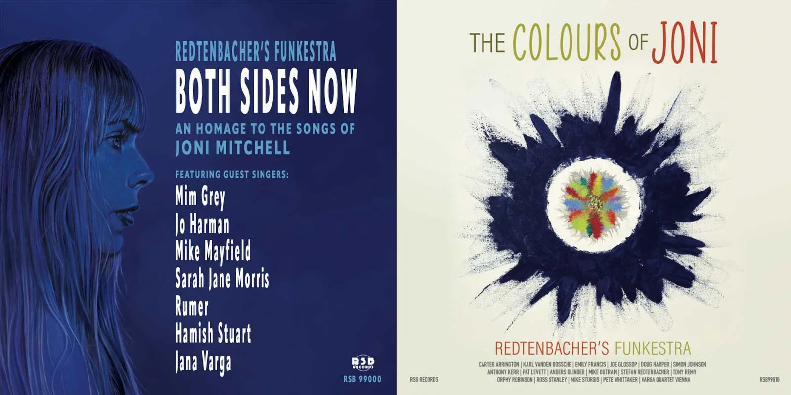 Two album covers - an homage to the songs of Joni Mitchell by Redtenbacher's Funkestra with guest artists.